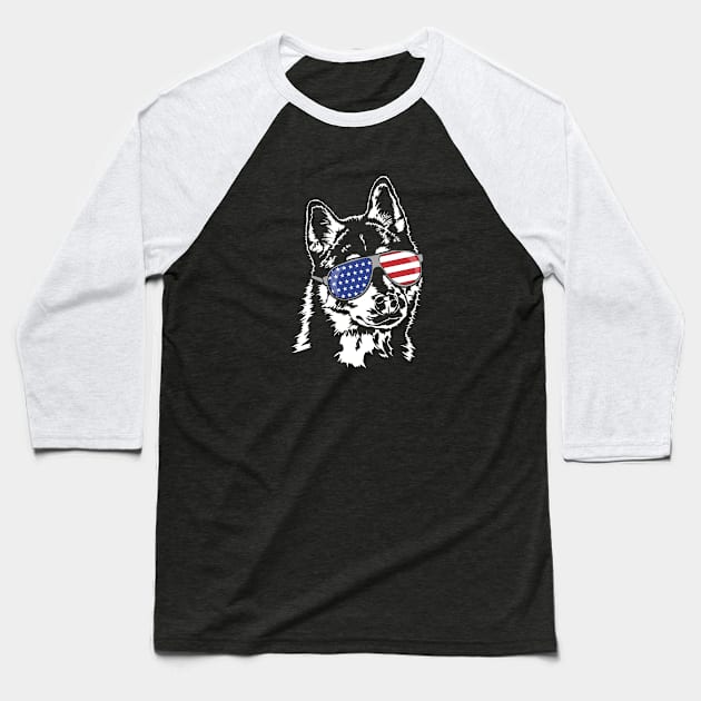 Funny Proud Siberian Husky American Flag sunglasses Baseball T-Shirt by wilsigns